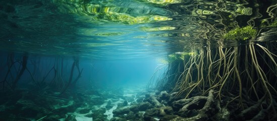 Poster - Mangrove forest filled with lush foliage, intricate twig roots, and flourishing in the water's edge, viewed from below. with copy space image. Place for adding text or design