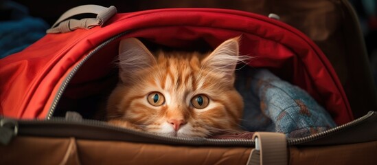 Poster - Red cat comfortably rests inside a travel bag with a close-up view. with copy space image. Place for adding text or design