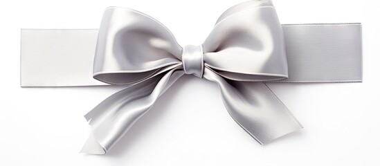 Poster - Silvery gift wrapping bow set against a plain white background, creating an elegant and simple aesthetic. with copy space image. Place for adding text or design