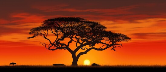 Poster - A lone tree stands in the savannah, silhouetted against the backdrop of a vibrant sunset with various animals grazing nearby. with copy space image. Place for adding text or design