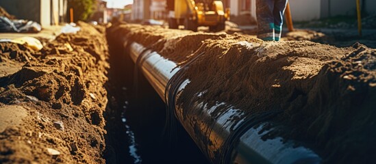 Aufkleber - Construction site showing laying of pipes in the middle of the street with various equipment around. with copy space image. Place for adding text or design