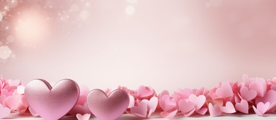 Poster - Pink heart shapes scattered among delicate flowers on a soft pink background, perfect for Valentine's Day celebrations. with copy space image. Place for adding text or design