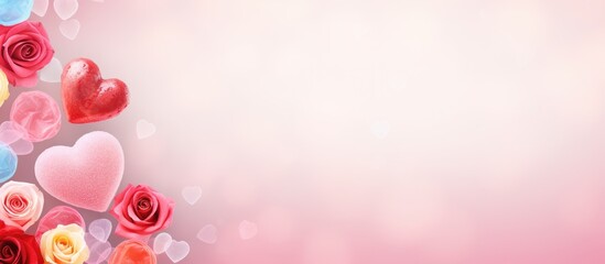 Aufkleber - Close-up view of a collection of roses and heart shapes on a soft pink background, creating a romantic and sweet display. with copy space image. Place for adding text or design