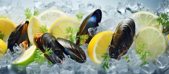 Poster - Fresh mussels served on a bed of ice garnished with lemon and lime slices. with copy space image. Place for adding text or design