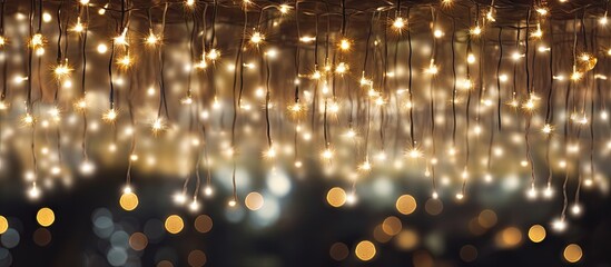 Aufkleber - String lights are seen up close as they hang from the ceiling, creating a warm and ambient atmosphere in the room. with copy space image. Place for adding text or design