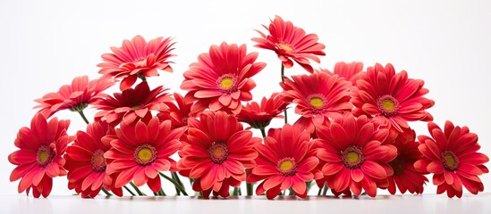 Poster - Red flowers in bright shade beautifully arranged on a white table. with copy space image. Place for adding text or design