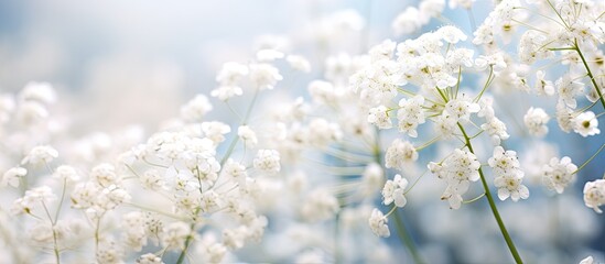 Aufkleber - Delicate white Gypsophila flowers, known as Baby's Breath, form a beautiful abstract background with selective focus in a garden setting. with copy space image. Place for adding text or design