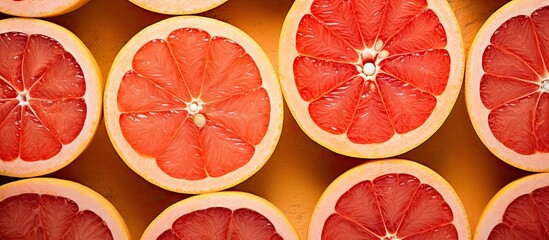 Wall Mural - Halved grapefruits neatly arranged in rows, showcasing their vibrant colors and juicy slices. with copy space image. Place for adding text or design
