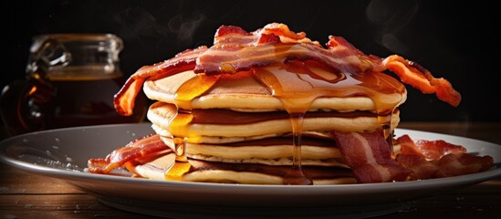 Fototapete - Pancakes served with crispy bacon strips and sweet maple syrup on a white plate. with copy space image. Place for adding text or design