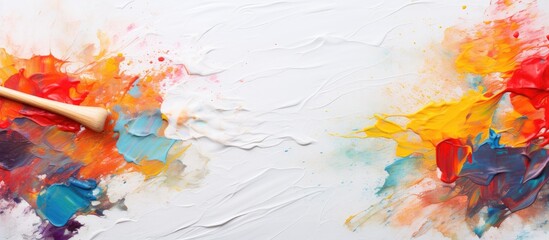 Poster - Detailed close up of a paintbrush placed on a white surface, creating colorful strokes with paint. with copy space image. Place for adding text or design