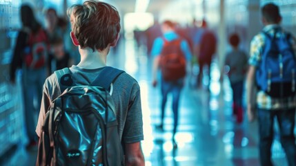 Lonely boy with backpack in school hallway. Students walk background. Solitude concept. Sad alone schoolboy stand college corridor and cry. School bullying. Classmates conflict. Stress.