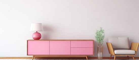 Poster - Pink cabinet, chair, and lamp create a vibrant scene in a well-lit white room, adding a pop of color and style to the space. with copy space image. Place for adding text or design