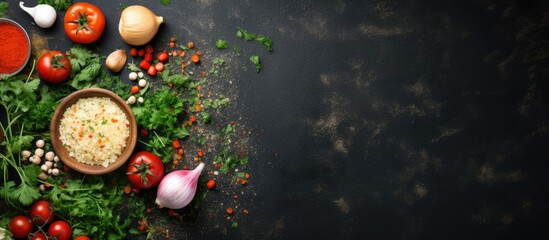 Fototapete - Bowl filled with cooked white rice topped with fresh tomatoes, parsley, and minced garlic. with copy space image. Place for adding text or design