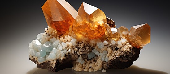 Poster - Close-up of an arrangement of crystals on a mineral rock surface, showcasing manganese or manganite with quartz and calcite. with copy space image. Place for adding text or design