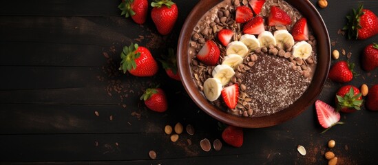 Aufkleber - A ceramic bowl filled with a variety of fruits including bananas, strawberries, and peanuts mixed together. with copy space image. Place for adding text or design