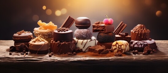 Aufkleber - Assorted chocolates of different types neatly arranged on a table, tempting and delicious treats for all chocolate lovers. with copy space image. Place for adding text or design