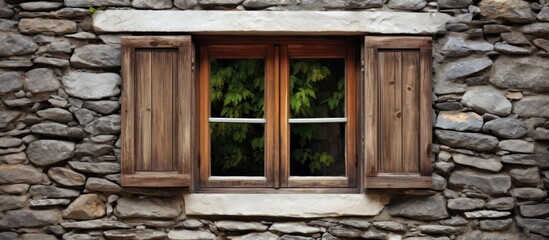 Poster - An old-style wooden window set against a rugged stone wall, blending traditional elements. with copy space image. Place for adding text or design