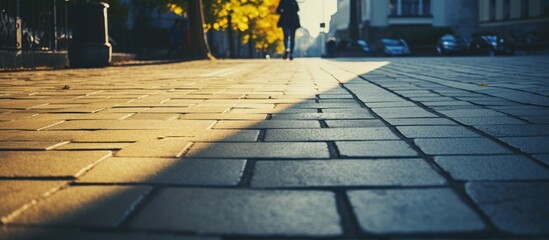 Aufkleber - A person leisurely walks on a sunlit city street close to a park with stone pavement, captured from a low angle. with copy space image. Place for adding text or design