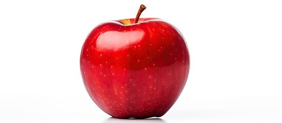 Wall Mural - Ripe red apple complete with a green leaf, displayed isolated against a clean white backdrop. with copy space image. Place for adding text or design