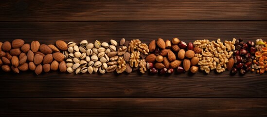 Aufkleber - Assorted mix of nuts and seeds displayed on a wooden table for sale, including various grains and dry nuts. with copy space image. Place for adding text or design