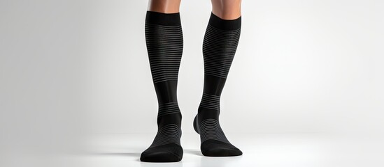 Fototapete - A woman is shown wearing knee high socks, providing compression for varicose veins and venous therapy, also suitable for sports, isolated on a white background. with copy space image