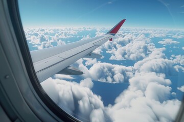 Wall Mural - view from airplane window, wing and blue sky with clouds background