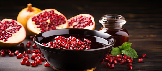 Ripe pomegranate in a bowl next to a neatly sliced half of the fruit, showcasing freshness and vibrant colors. with copy space image. Place for adding text or design