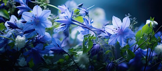 Fototapete - Blue garden flowers arranged in a vase on a table, creating a beautiful display of nature's hues. with copy space image. Place for adding text or design