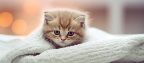 Poster - Small baby cat lounging on cozy fabric during winter with a vintage hue. with copy space image. Place for adding text or design