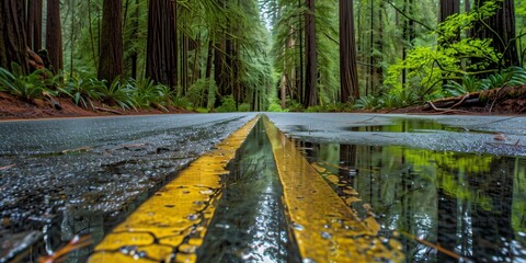 Wall Mural - Landscape Photography, Wet Asphalt Road Edge in Forest with Sunlight
