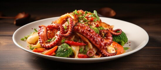Wall Mural - Close-up of a delicious dish containing octopus and a variety of vegetables, perfect for a spicy stir-fry meal. with copy space image. Place for adding text or design