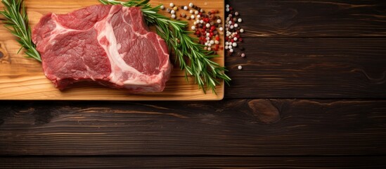 Aufkleber - Close-up view of seasoned meat on a wooden cutting board, ready for cooking. with copy space image. Place for adding text or design