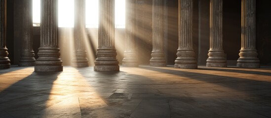 Aufkleber - Columns of a vast edifice illuminated by sunlight filtering through, creating a dramatic scene with harsh shadows on the ground. with copy space image. Place for adding text or design