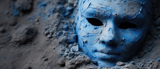 Poster - Close-up of a blue mask with intricate textures placed in sand, showcasing its unique design and colors. with copy space image. Place for adding text or design