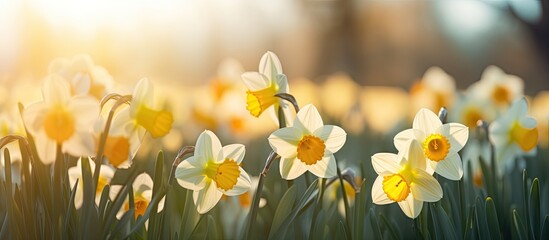 Fototapete - Lush meadow with abundant yellow and white flowers in full bloom under the bright morning sun. with copy space image. Place for adding text or design