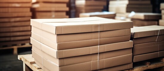 Poster - Stacked cardboard boxes wrapped in plastic film on pallets with L-shaped pallet corrugated paper corners in a storage warehouse for shipping and logistics. with copy space image