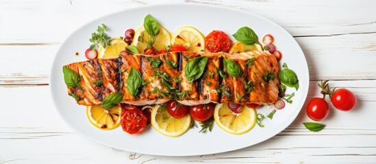 Aufkleber - Plate with grilled salmon, vegetables, tomatoes, lemon, basil on a wooden table in close-up view. with copy space image. Place for adding text or design