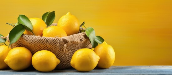Leinwandbilder - Vibrant yellow lemons packed in a handmade woven bag, an eco-friendly and visually appealing choice. with copy space image. Place for adding text or design