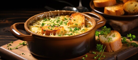Poster - Classic French onion soup topped with melted cheese on crispy croutons, garnished with fresh thyme. with copy space image. Place for adding text or design