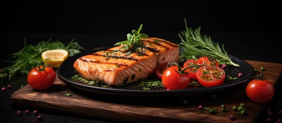 Leinwandbilder - Grilled salmon fish fillet garnished with ripe tomatoes and fragrant herbs on a plate. with copy space image. Place for adding text or design