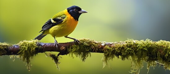 Poster - Bird perched on a branch covered in moss in a natural setting. with copy space image. Place for adding text or design