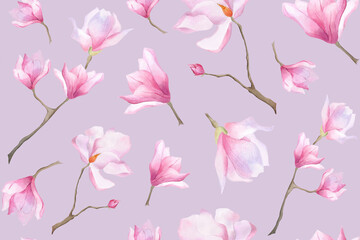 Watercolor magnolia seamless floral pattern For purple wallpaper wrapping textile design pastel pink print decoration Women's day Background Scrapbooking Botanical ornament Spring flower branch