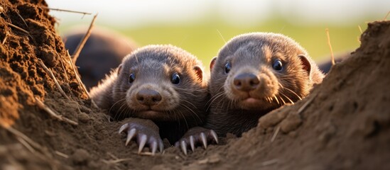 Aufkleber - Pair of curious otters peeking out from a burrow opening, their playful and inquisitive nature captured in a delightful moment. with copy space image. Place for adding text or design