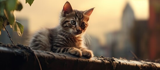 Aufkleber - Lonely stray feline looking forlorn while sitting on the roof surrounded by leafy green foliage. with copy space image. Place for adding text or design