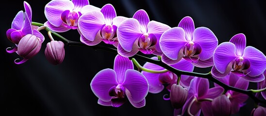 Leinwandbilder - Violet orchid blossoms in close-up showing intricate details. with copy space image. Place for adding text or design