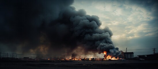 Poster - Industrial building engulfed in flames with thick black smoke rising into the sky from the top. with copy space image. Place for adding text or design