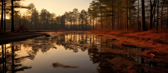 Leinwandbilder - Tall trees are mirrored on the surface of a retention basin filled with reddish-brown stormwater runoff. with copy space image. Place for adding text or design