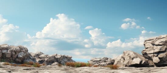 Poster - A rugged landscape featuring scattered rocks and patches of grass under the daylight. with copy space image. Place for adding text or design