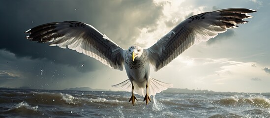 Poster - Giraffe flying above ocean, wings spread wide, resembling a Storm Gull in the wild. with copy space image. Place for adding text or design