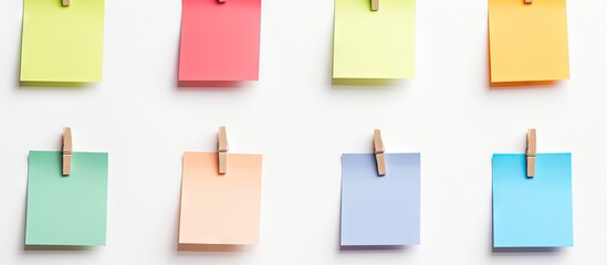 Poster - Vibrant reminder notes pinned on a string, creating a colorful and organized display. with copy space image. Place for adding text or design
